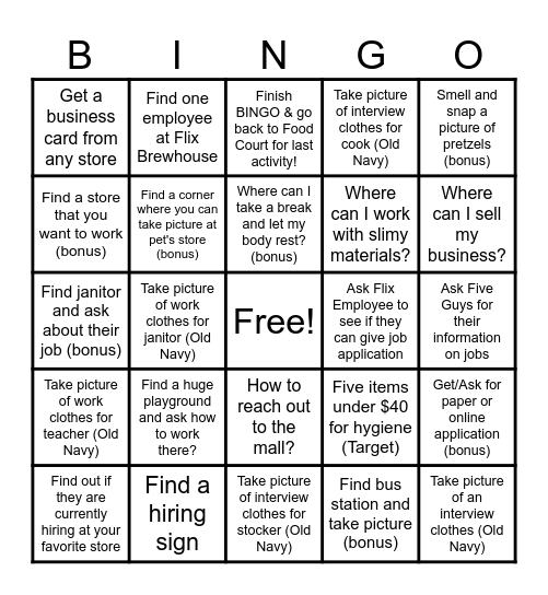 Merle Hay Mall Scavenger Hunt Bingo Card