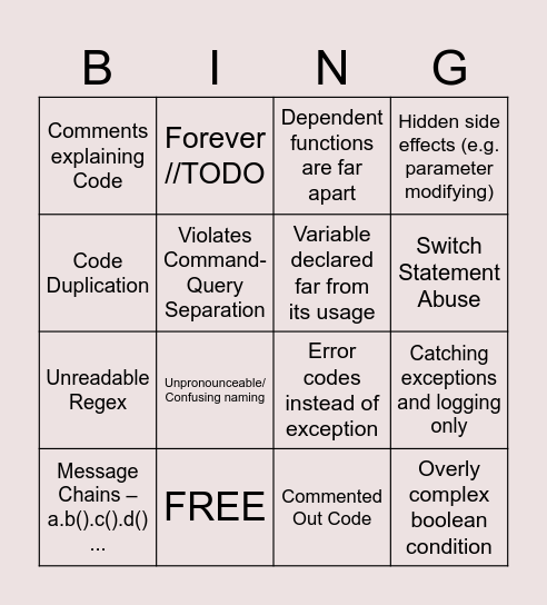 Code Smell Bingo Card