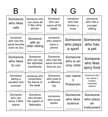 Find a Friend Bingo Card