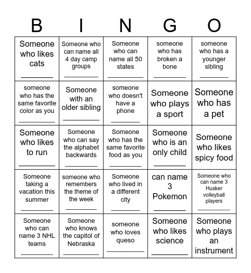 Find a Friend Bingo Card