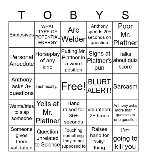 Toby Physics Bingo Card