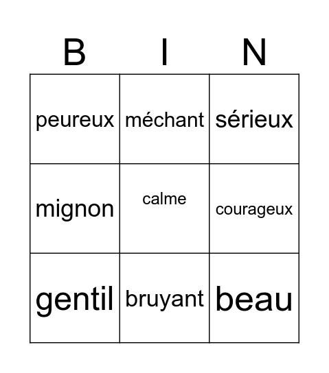 Les adjectifs Bingo Card