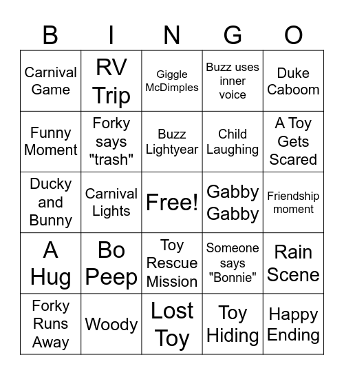 Toy Story 4 Movie Bingo Card