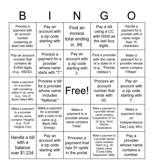 Payments Bingo Card