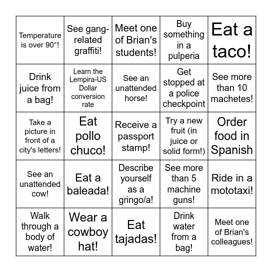 Honduras Bingo! Bingo Card
