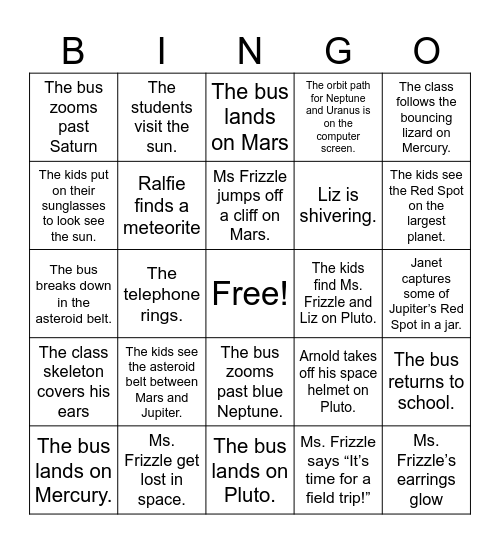 Magic School Bus Lost in Space Bingo Card