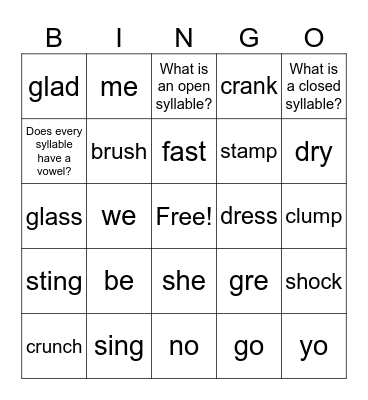 Open/ Closed Syllables Bingo Card