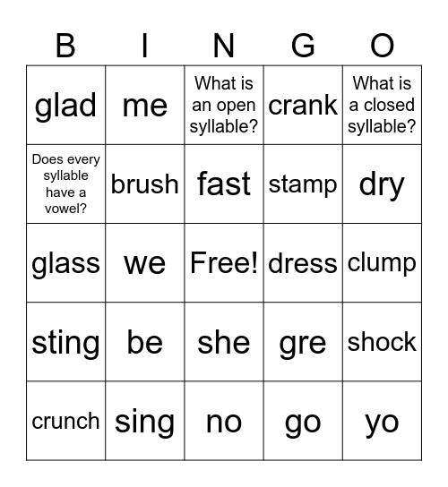 Open/ Closed Syllables Bingo Card