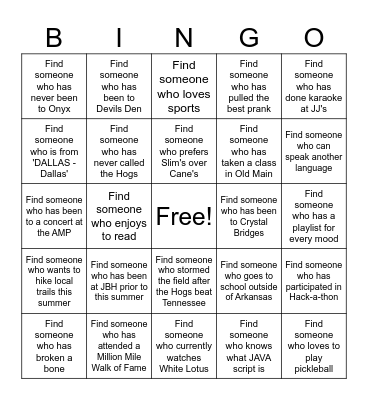Intern Bingo Card