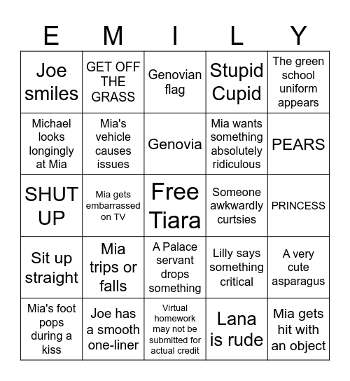 Princess Diaries Bingo Card