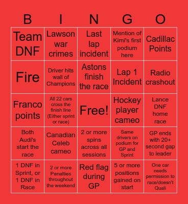 Canada GP BINGO! Bingo Card