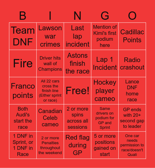 Canada GP BINGO! Bingo Card