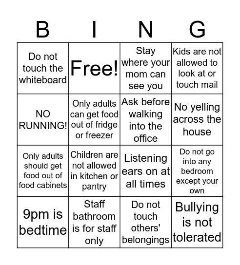 House Rules Bingo Card