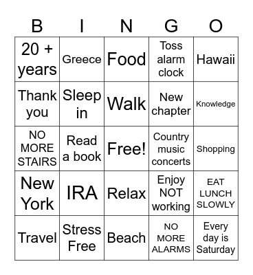 Retirement Bingo Card