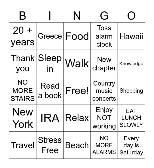 Retirement Bingo Card