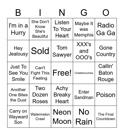 80s/90s Country Rock Bingo Card