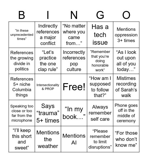 Sarah’s Masters Graduation Bingo Card