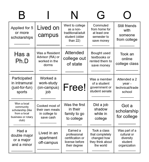 College Week Bingo Card