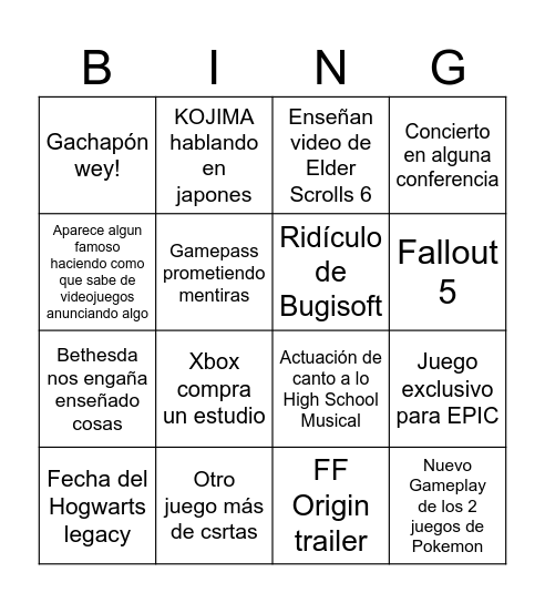 E3 Bingo Card