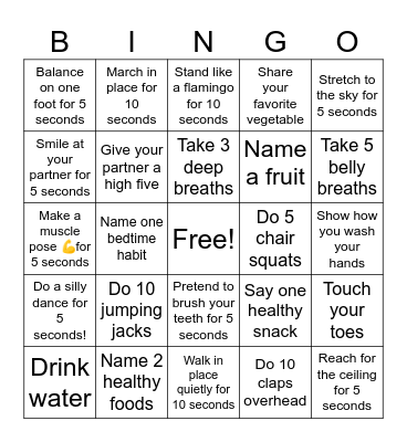 Healthy Habits Bingo Card