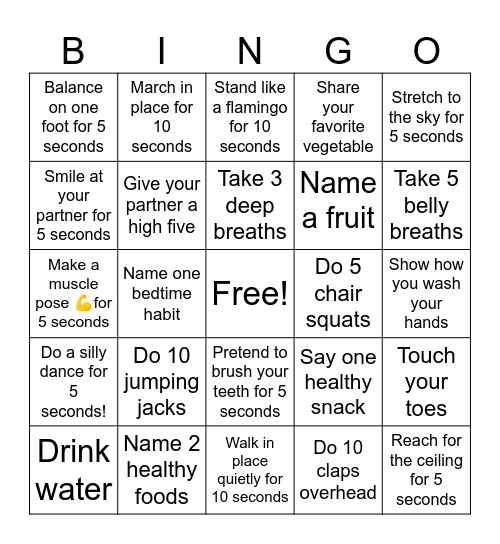 Healthy Habits Bingo Card