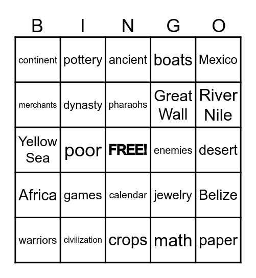 Ancient Civilizations: Maya, China, Egypt Bingo Card