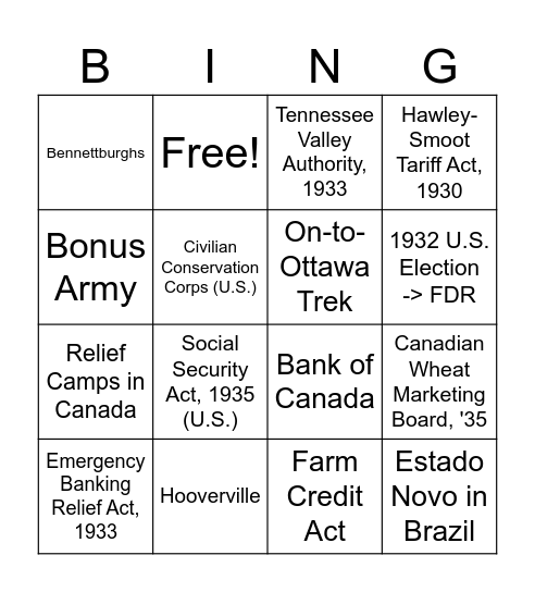 Great Depression & The Americas Bingo Card
