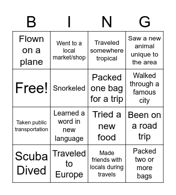 Travel Bingo Card