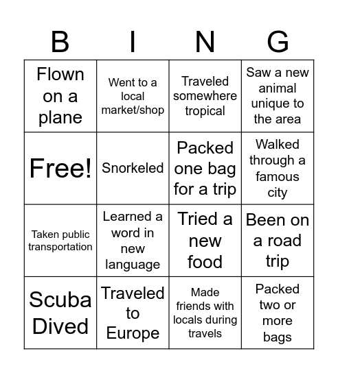 Travel Bingo Card