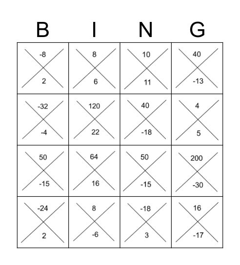 Find TWO numbers that MULTIPLY to get the TOP number but ADD to get the BOTTOM number. The numbers can be positive, negative or a combination of both. Bingo Card