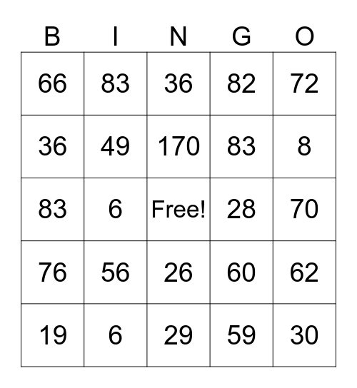 2-Digit Adding & Subtracting Bingo Card