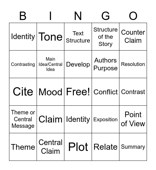 Academic Vocabulary Bingo Card