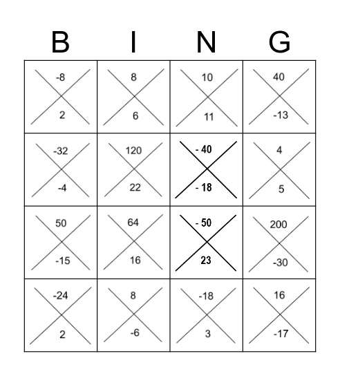 Find TWO numbers that MULTIPLY to get the TOP number but ADD to get the BOTTOM number. The numbers can be positive, negative or a combination of both. Bingo Card