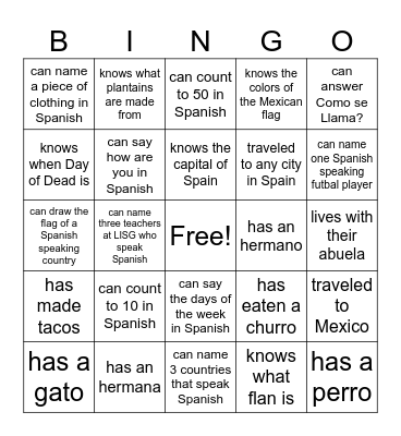 Bienvenido a la clase! Find someone who... Bingo Card