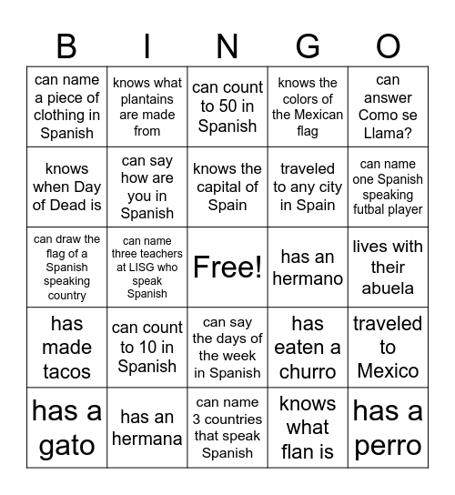 Bienvenido a la clase! Find someone who... Bingo Card