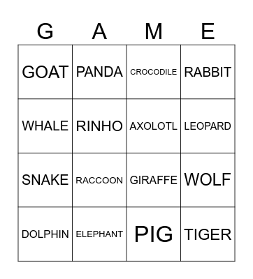 Bingo - WILD ANIMALS Bingo Card