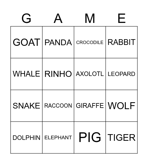 Bingo - WILD ANIMALS Bingo Card