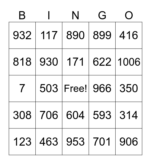 3-Digit Adding & Subtracting Bingo Card