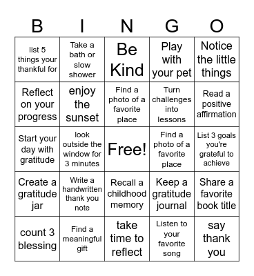 Gratitude Bingo Card