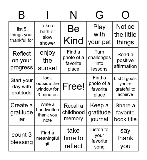 Gratitude Bingo Card