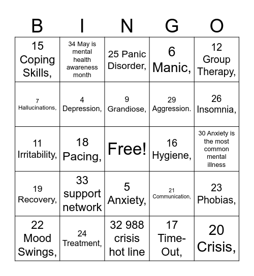 Mental Health Bingo Card