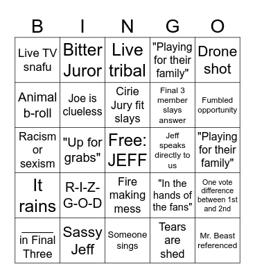 SURVIVOR 50 FINALE Bingo Card