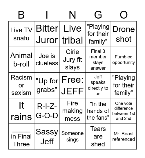 SURVIVOR 50 FINALE Bingo Card