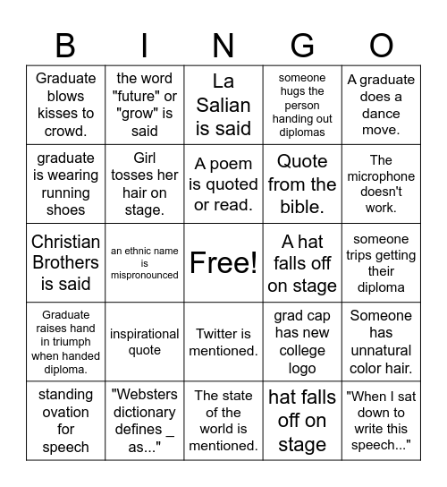 Christian Brothers Graduation Ceremony Bingo Card