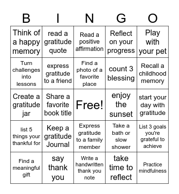 Gratitude Bingo Card