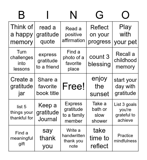 Gratitude Bingo Card
