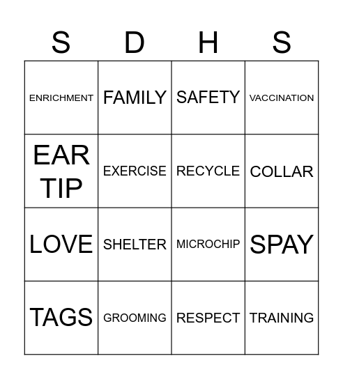San Diego Humane Society Bingo Card