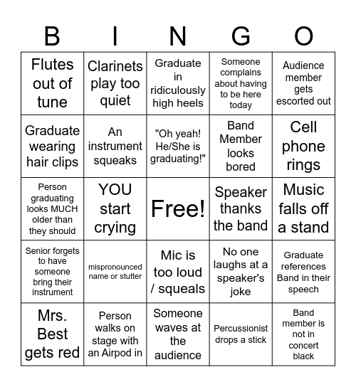 BAND Graduation BINGO Card