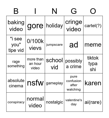 youtube bingo Card