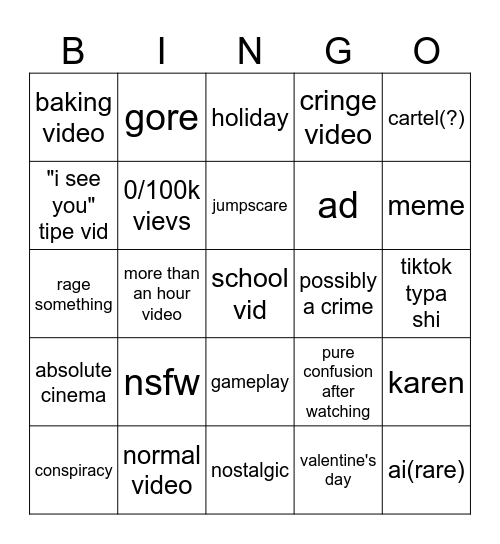 youtube bingo Card
